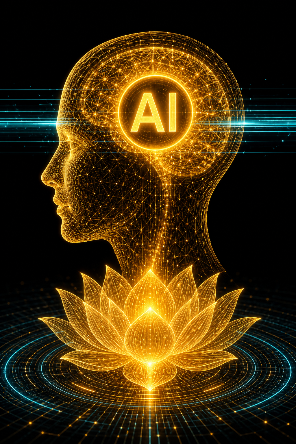 Rudra AI Automation — golden wireframe brain with lotus